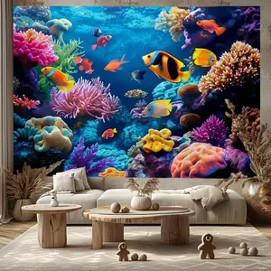 1pc Tropical Fish & Coral Reef Tapestry - Undersea Paradise Party Wall Art Marine Landscape Decor for Living Room, Animal Print Brushed Fabric Wall Hanging, Indoor Polyester Wall Blanket, No-Electricity Home Accessory