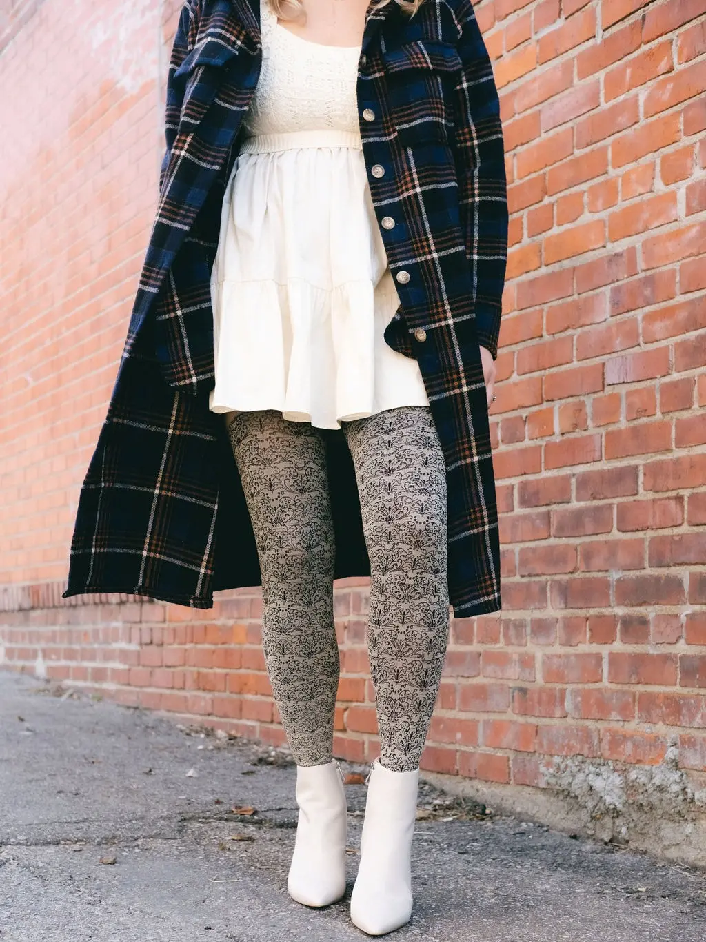 Lillith Filigree Pattern - Stone | Control Top Tights with Attached Boot Sock – Shaping Pantyhose with Sculpted Cushioning, Arch Support & Cotton Gusset | Hybrid Tights for All-Day Comfort