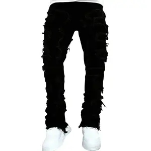 Fashionable men's hip-hop layered patchwork washed slim fit jeans and pants, high-quality street wear, beige color, worn-out straight leg bicycle denim pants, spring declarationRAIMENTRY