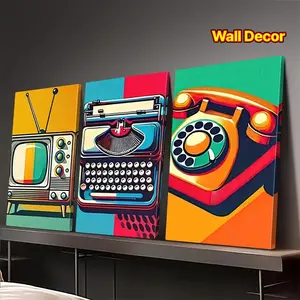 2D Panel, 2D Panel, 3-Piece 2D Panel Set, Framed Vintage Artwork, Includes TV, Typewriter, and Rotary Telephone - Mid-Century Modern Vintage Wall Decor, with Canvas and Wooden Frame