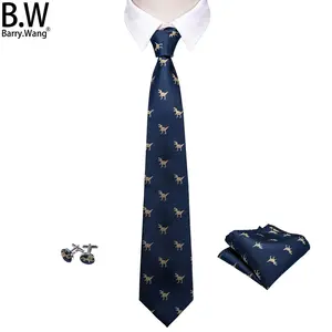 Barry.Wang Dinosaur Cock Eagle Dog Kangaroo Silk Men Tie Hankerchief Cufflinks Set Novelty Necktie for Male Wedding Business