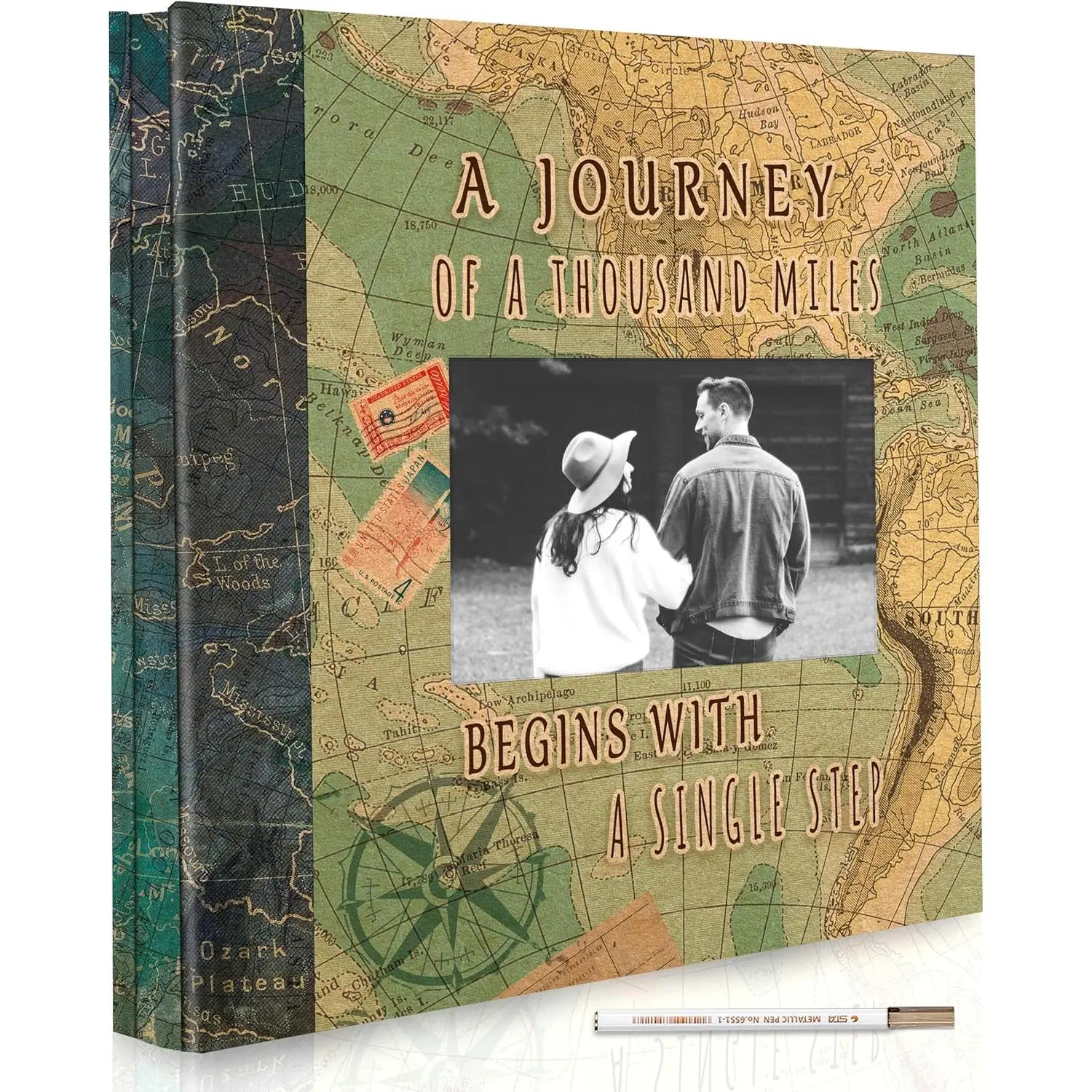 Adventure Scrapbook Album with Metallic Pen  Self-Stick Page Scrapbook for 3x5 4x6 5x7 6x8 8x10 Hand Made DIY 40 Pages Albums, Printed  Paper Cover Memory Book (Map with Window)