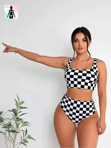Checkerboard Tummy Control High Waisted Bikini Set Swimsuit Two Piece Bathing Suit Plaid Shaping Square Neck Swimwear Summer Beach Holiday Vacation Essential Plus Size Curvy Women Ladies Quick Dry Fashion Chic Pool Party Gift