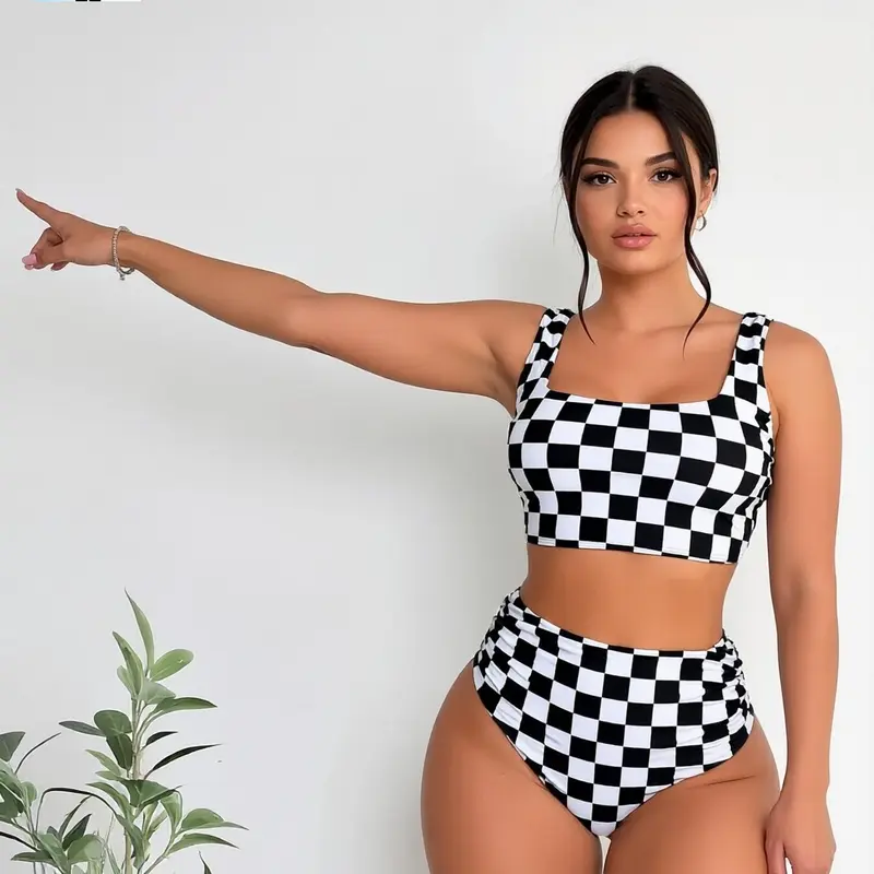 Women's Checkerboard Plaid Tummy Control High-Waisted Square Neck 2-Piece Bikini Set - Quick-Dry Plus Size Swimwear, Summer Beach Pool Party Essential, Tummy Control Swimsuits for Women, 2 Piece Sets Swimsuits