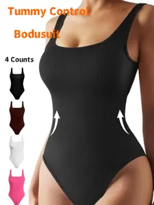 Women's Solid Color Ribbed Shapewear Bodysuit, Casual Comfortable Tummy Control Sleeveless Shaper, Ladies Shapewear for All Seasonsr