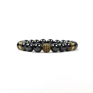 Ashley & Melissa Cannon Magnetic Hematite & Gold Bead Bracelet With Crystalized Center Bead - Elasticized, 7.5 inches