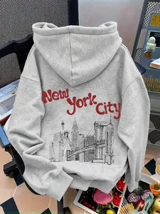 Women's New York City Silhouette Print Hoodie, Casual Loose-Fitting Pullover with Drawstring Pocket, Fall Winter Fashion Sweatshirt, Casual Pullover Hoodies