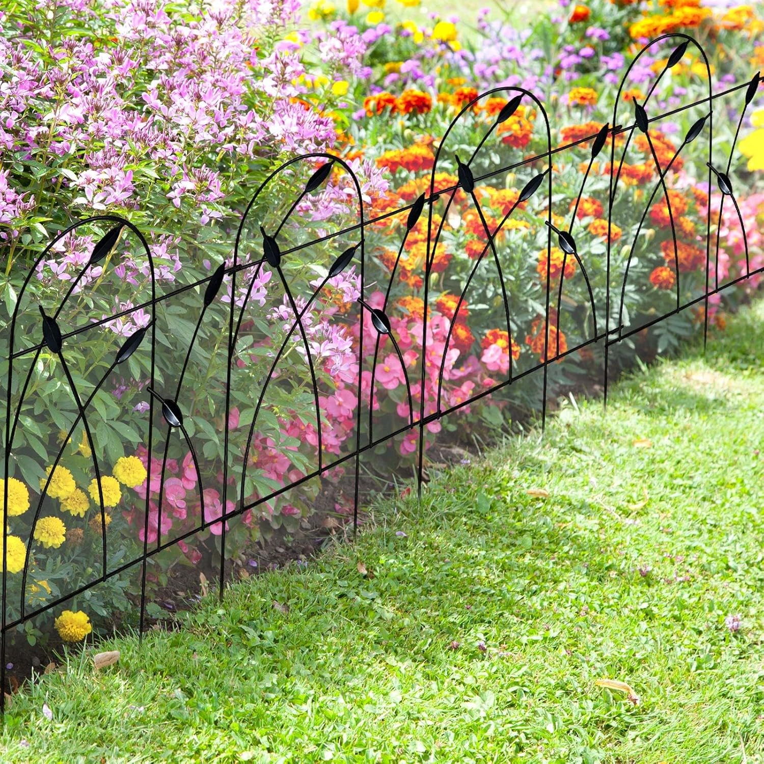 Arifaro Metal Decorative Garden Fence Border, 32 in.H x 19.5 in.W (10 Panels, Total Length 16 feet) No Dig Fence Rustproof Wrought Iron Landscape Fencing for Flower Bed, Trees, Black
