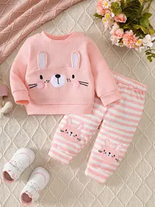 Adorable Baby Bunny Embroidered Waffle Sweatshirt, Striped Jogger Pants Set, Elastic Waist, Soft Warm, Two-Piece