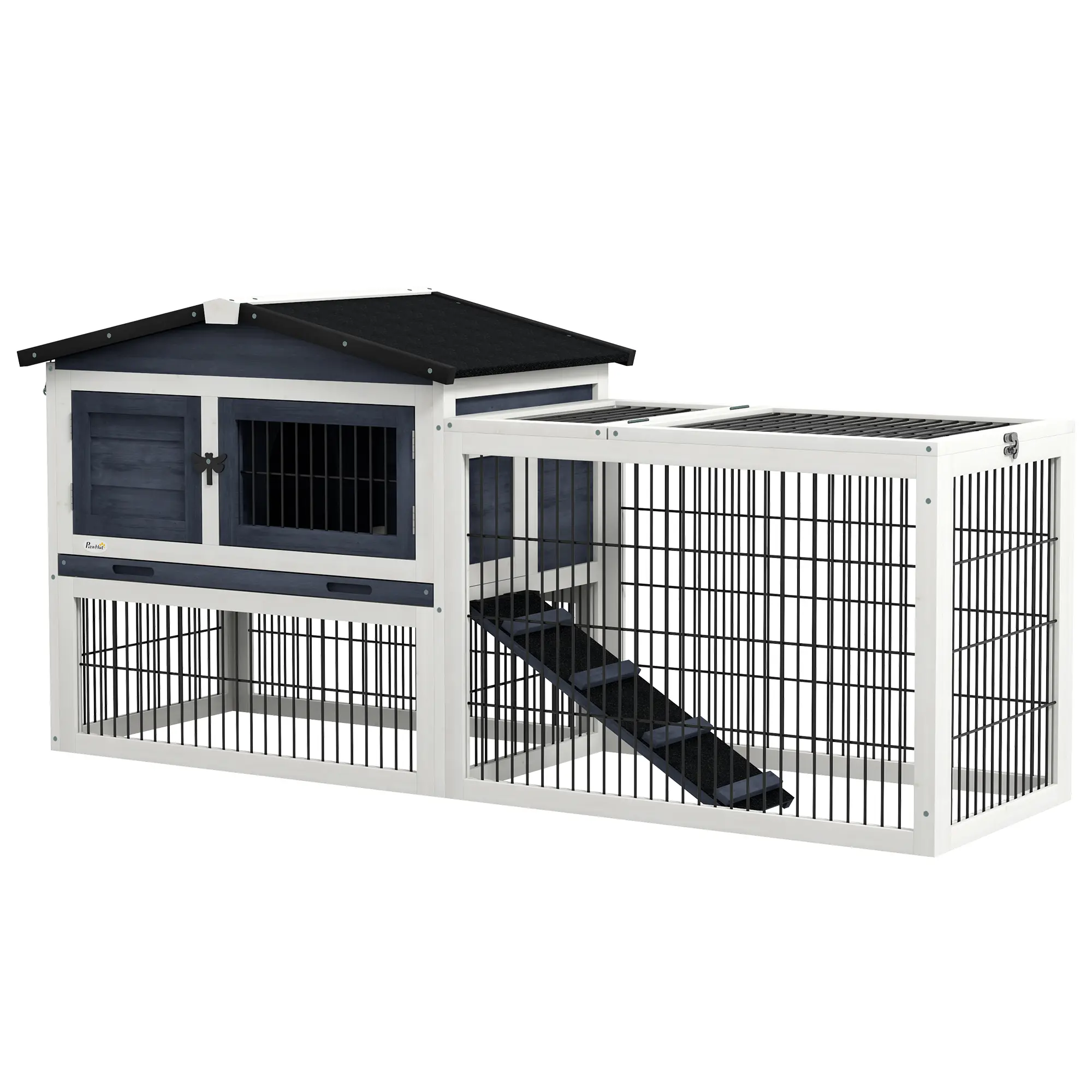 PawHut 2 Levels Outdoor Rabbit Hutch with Openable Top, 59" Wooden Large Rabbit Cage with Run Weatherproof Roof, Removable Tray, Ramp, Yellow