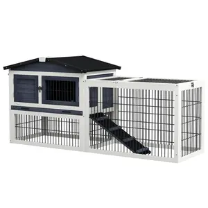 PawHut 2 Levels Outdoor Rabbit Hutch with Openable Top, 59" Wooden Large Rabbit Cage with Run Weatherproof Roof, Removable Tray, Ramp, Yellow