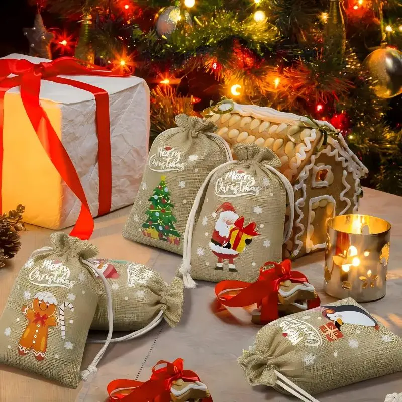 Unisex 24-Piece Reusable Linen Christmas Drawstring Bags - Cartoon Santa, Reindeer, Snowman, Christmas Tree Designs, Festive Party Supply Package & Gift Bags, Cartoon Santa Party Bags & Package