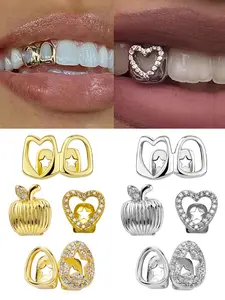 Gold Teeth Grillz for Women Men, Gold Silver Color Hollow Heart Star Apple CZ Tooth Caps Grills for Your Teeth Tooth Gems 14K Gold Plated Jewelry for Cosplay Fashion Party Holiday Couples Gift