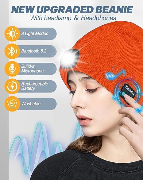 Bluetooth Beanie with a Light, Unisex USB Rechargeable 4 LED Fashlight Hat with Cordless Headphones, Unique Christmas Birthday Gifts for Men Him Husband Teen Black