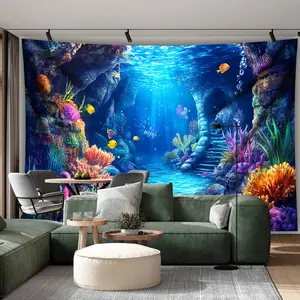 1pc Extra Large Colorful Underwater World Tapestry, Polyester Fiber Print Wall Hanging, Birthday Gift, Room Decoration, Party Decor, Suitable for Living Room Bedroom Dormitory, with Free Hanging Clips