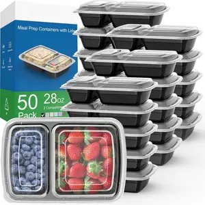 50 Pack (100-Piece) 28 oz Meal Prep Containers Reusable with Lids 2-Compartment, Sturdy Leakproof Food Safe, Microwave Freezer Dishwasher Safe, To Go Take Out Plastic Food Storage, Black