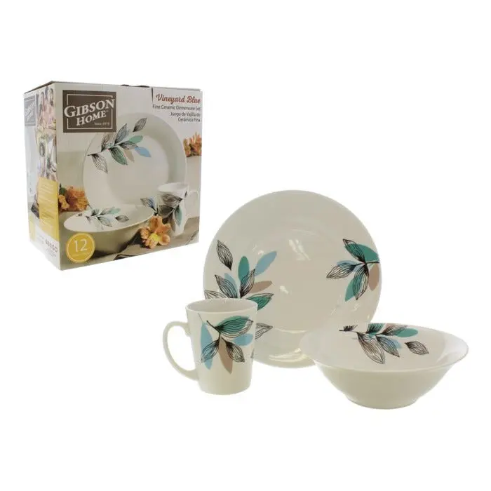 Gibson 124412.12 Vineyard 12-Piece Round Glossy Fine Ceramic Dinnerware Set, Blue Leaf Silhouette Plates - Modern, Casual/Formal Tableware
