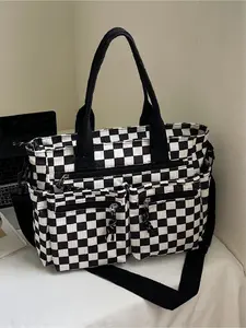 Checkered pattern corduroy large capacity multi pocket mommy bag with simple design, Casual Commuter Bag, portable crossbody bag for work and daily use, Lightweight Work Bag, tote bag