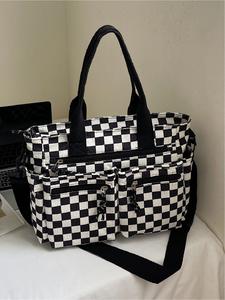 Checkered pattern corduroy large capacity multi pocket mommy bag with simple design, Casual tote bag, portable crossbody bag for work and daily use, tote bag