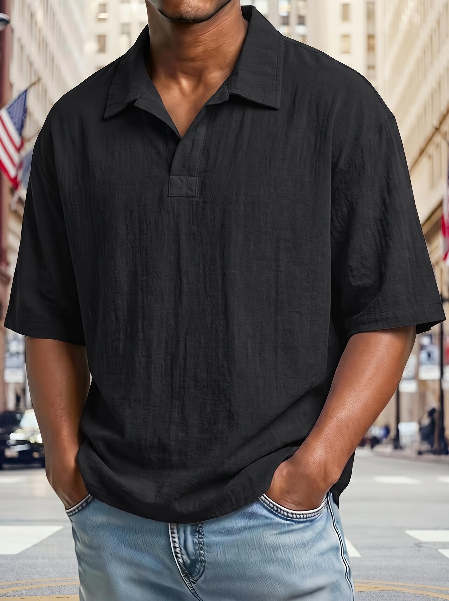 American Retro Men’s Casual Polo Shirt, 2026 New Style, Loose Fit Textured Short Sleeve, Solid Color Turn-Down Collar Top, Mature Style