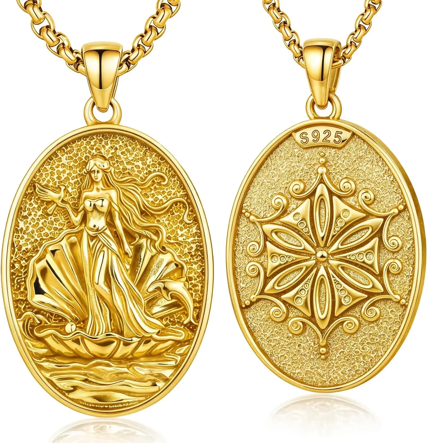 DRINSPER Aphrodite Greek Goddess Necklace for Women, Love & Beauty Venus Pendant Gold Medal Jewelry, 925 Sterling Silver Amulet with Seashell Flower Ocean Mythology Design, Vintage Goddess Charm Necklace Gift for Wife Girlfriend Mom