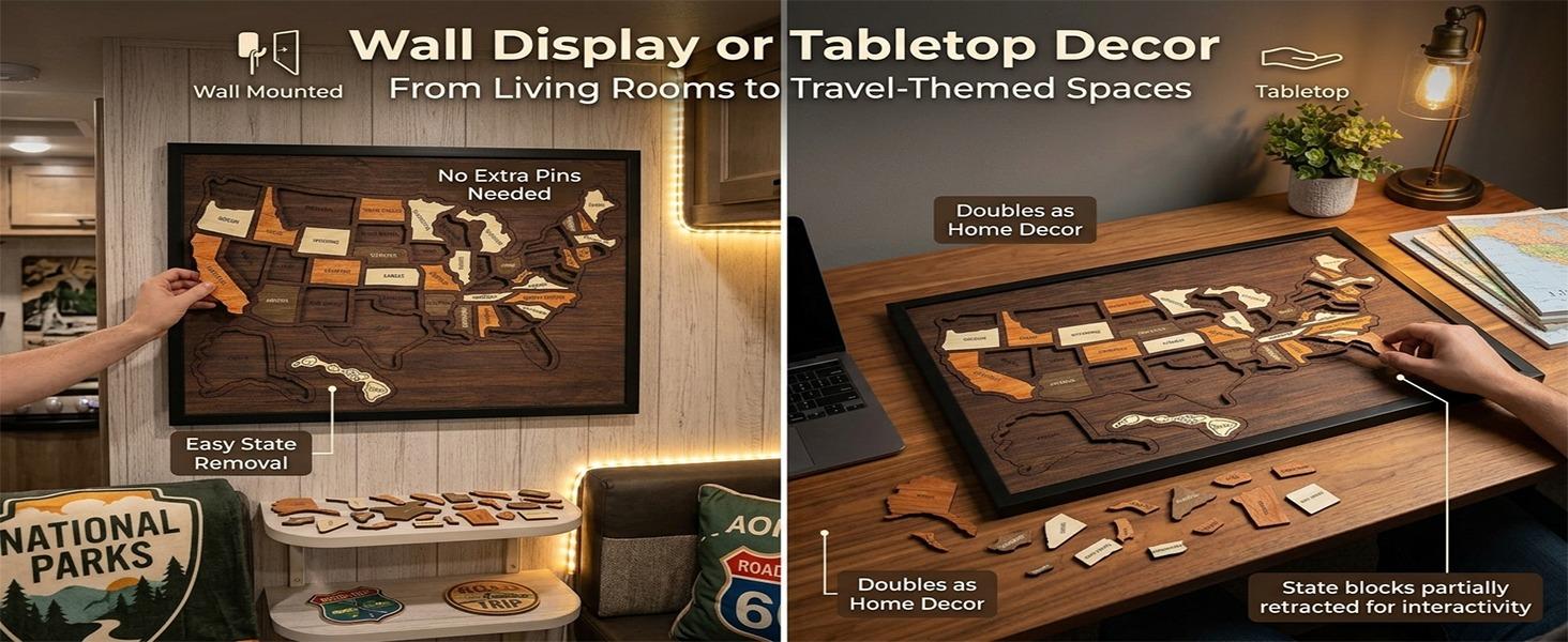 Map puzzle, wooden U.S. travel map puzzle, anniversary gift, children's geography puzzle, or perfect holiday gift for couples and families, record your journey, memory making, home decor, unique traveler gift, best Mother's Day gift