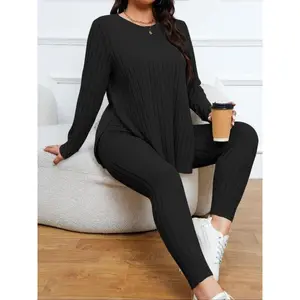 2/4 Piece Set Plus Solid Ribbed Knit Split Hem Tee & High Waist Pants Set, Casual Long Sleeve Round Neck Top & Skinny Trousers for Daily Outdoor Wear for Fall, Plus Size Clothing, Women's Outfits for Fall, Underwear, Fall OutfitsGift