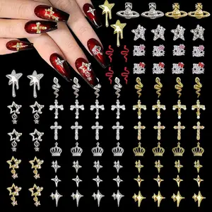 88 Pcs Gold and Silver Cross Nail Charms,Kitty Cat Crown Planet Snake Star Cross Charms with Zircon,Gold Cross Charms for Nails Alloy Nail Decoration Jewel 3D Nail Charms and gems Nail Art DIY