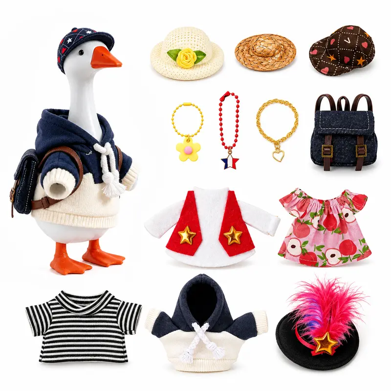 Resin Goose Decor Sculpture Desk Decor with 12 Magnetic Dress-Up Outfits Set - 3+ Years Toys, 4th of July & Easter Decorations and Ornaments, Accessory Options: Goose Only, Outfits Only, Full Set (Clear SKU Selection)