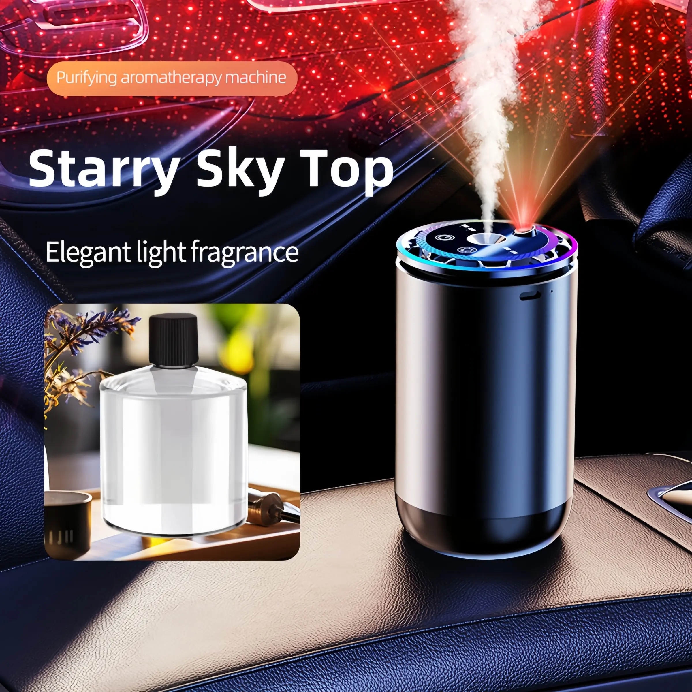 Portable Smart Aromatherapy Diffuser, Fragrance Machine, USB Humidifier with Starlight Projector, Battery Powered, 7 Color Changing Lights, Home & Car Decor Gift, Dual Function Aromatherapy, Humidifier Atmosphere Light, Aroma Diffuser Humidifiers