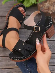 Women's Bohemian Hand-Stitched Heels,Peep Toe Block Heel Sandals with Ankle Strap – Ultra-Light & Non-Slip Rubber