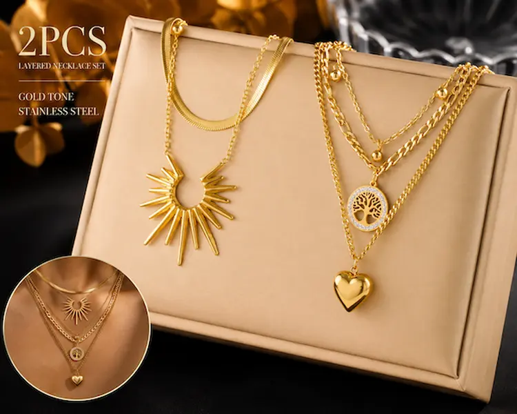 Boho Layered Pendant Necklace, Gold Tone Stainless Steel Statement Necklace, Sunburst, Tree of Life & Heart Charm Jewelry for Women, Trendy Western All-Match Jewelry for Daily Wear & Party