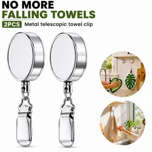 Nestly Home 2PCS Metal telescopic towel clip, Damage Free Auto-Retracting Hooks, Multi-Purpose Home Essential & Bathroom Decor for Kitchen Towel, Bath Sponge and Shower Curtain