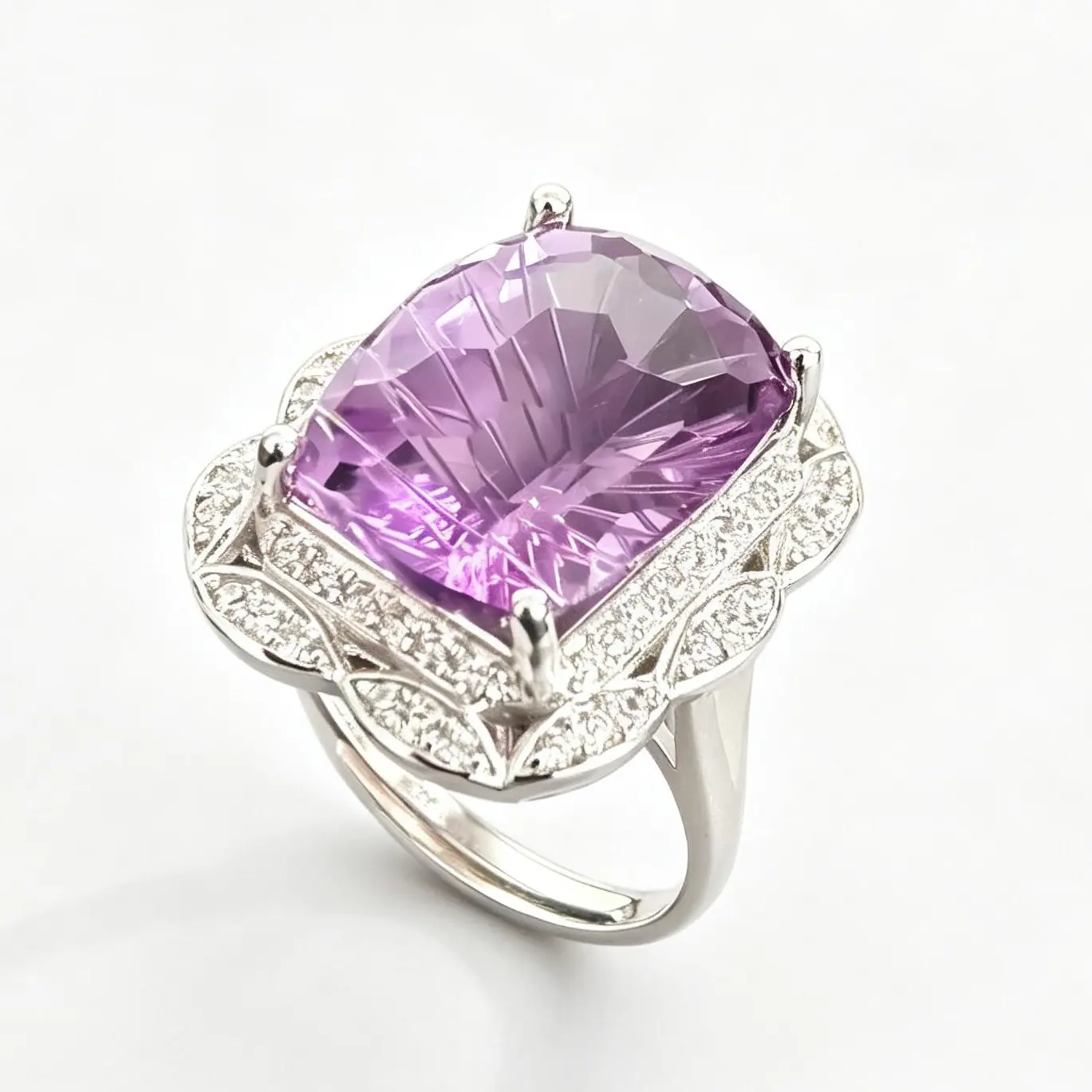 925 Sterling Silver Adjustable Cushion Cut Amethyst Statement Ring - 16.1×12mm Natural Amethyst Firework Cut Halo Ring, for Birthday, Anniversary, Daily Wear & Emotional Healing