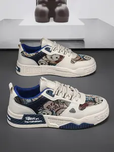 Men's Fashion Skate Shoes, Low-Top Sporty Sneakers, Mixed Color Fabric Patchwork, Random Print Design, Ideal for Teens & Daily Wear