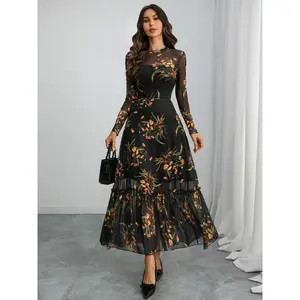Elegant Gothic Floral Print Long Sleeve Mesh Dress, Autumn/Winter Waist Cinching Patchwork, Women’s Fashionable Clothing