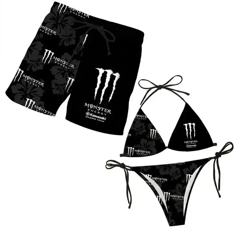 Matching Monster Floral Couple Swimwear Set - Women's Swim Bra & Tie-Side Thong Bikini, Men's Beach Shorts, Summer Vacation Hawaiian Sports Swimwear