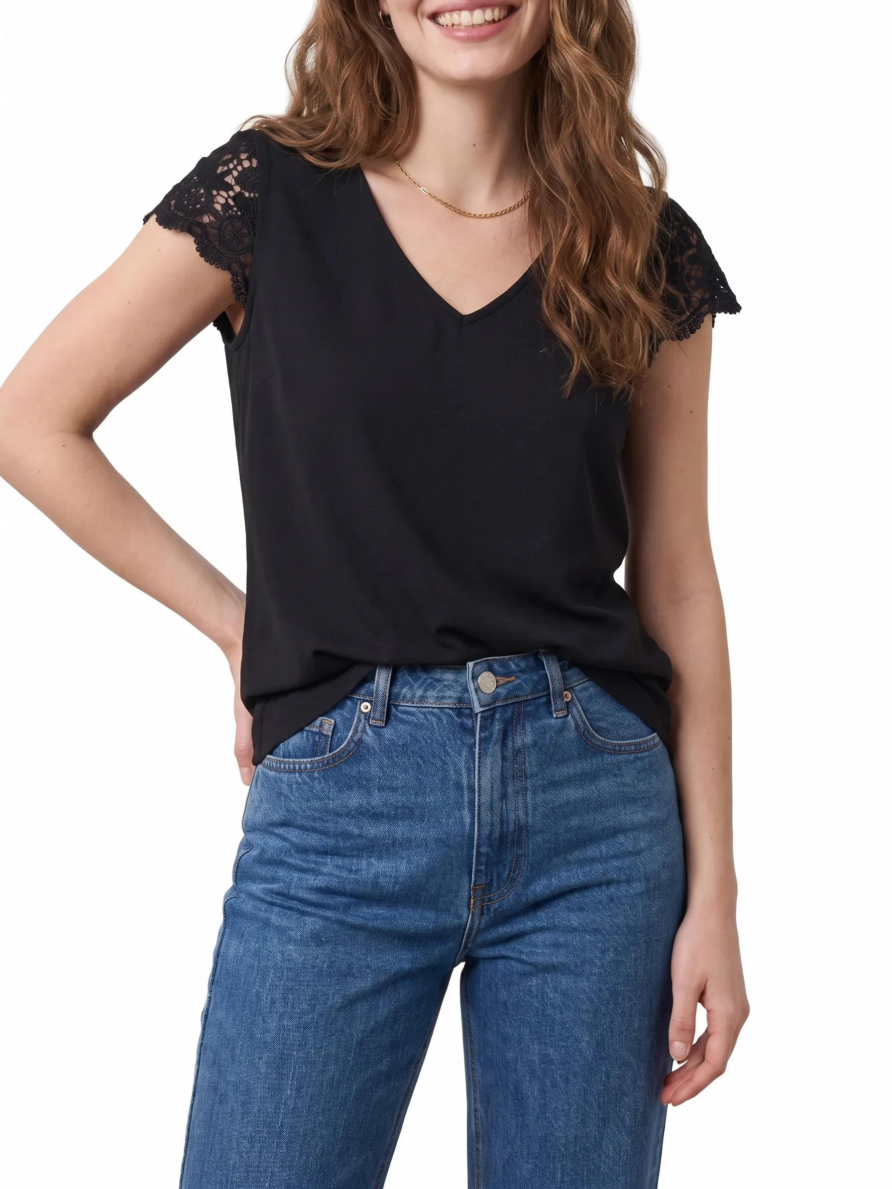 Shewin Women's V-Neck Crochet Lace Cap Sleeve Slim-Fit Elasticity Casual Blouse - Tops for Women, Trendy Blouses, Lace-Accented T-Shirt for Daily Outings DealsForYouDays,summerwins,summeroutfits,vacationoutfits,beachoutfits Shortsleeve White Womenswear Vn