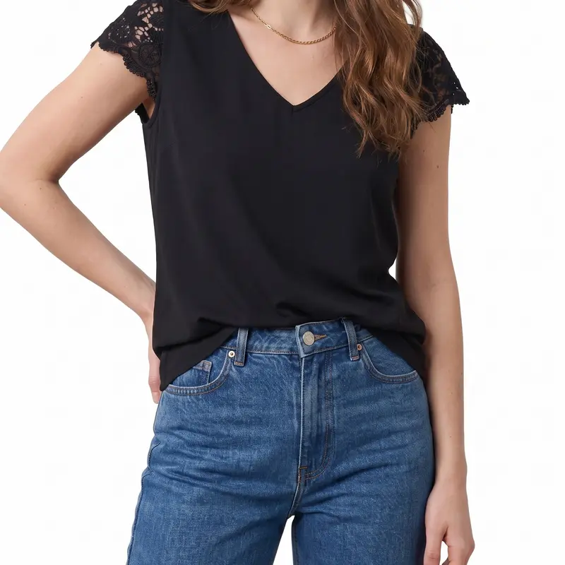 Shewin Women's Minimal Pullover Style V-Neck T-Shirt - 70%+ Stretch Moves With Every Step, Crochet Lace, Breathable Cap-Sleeve, Casual, Sleek Look, V-Neck Vibes, Stretch Viscose Blend Fitted Top For Daily Wear