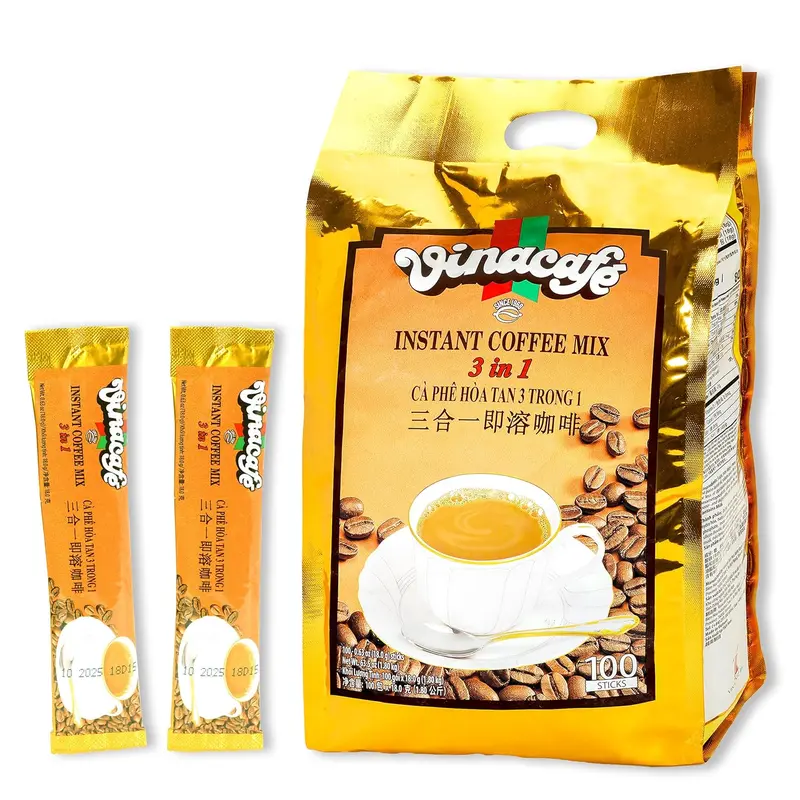 Vinacafe Vietnamese Instant Coffee 100 Sticks - 3 in 1 Milk Coffee Blend, Smooth Medium Roast Instant Mix for Fast Brewing at Office or Travel