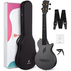 Concert Ukulele Nova U 23'' Carbon Fiber Travel Ukulele with Beginner Kit includes online lessons, case, strap, capo and strings (Black)