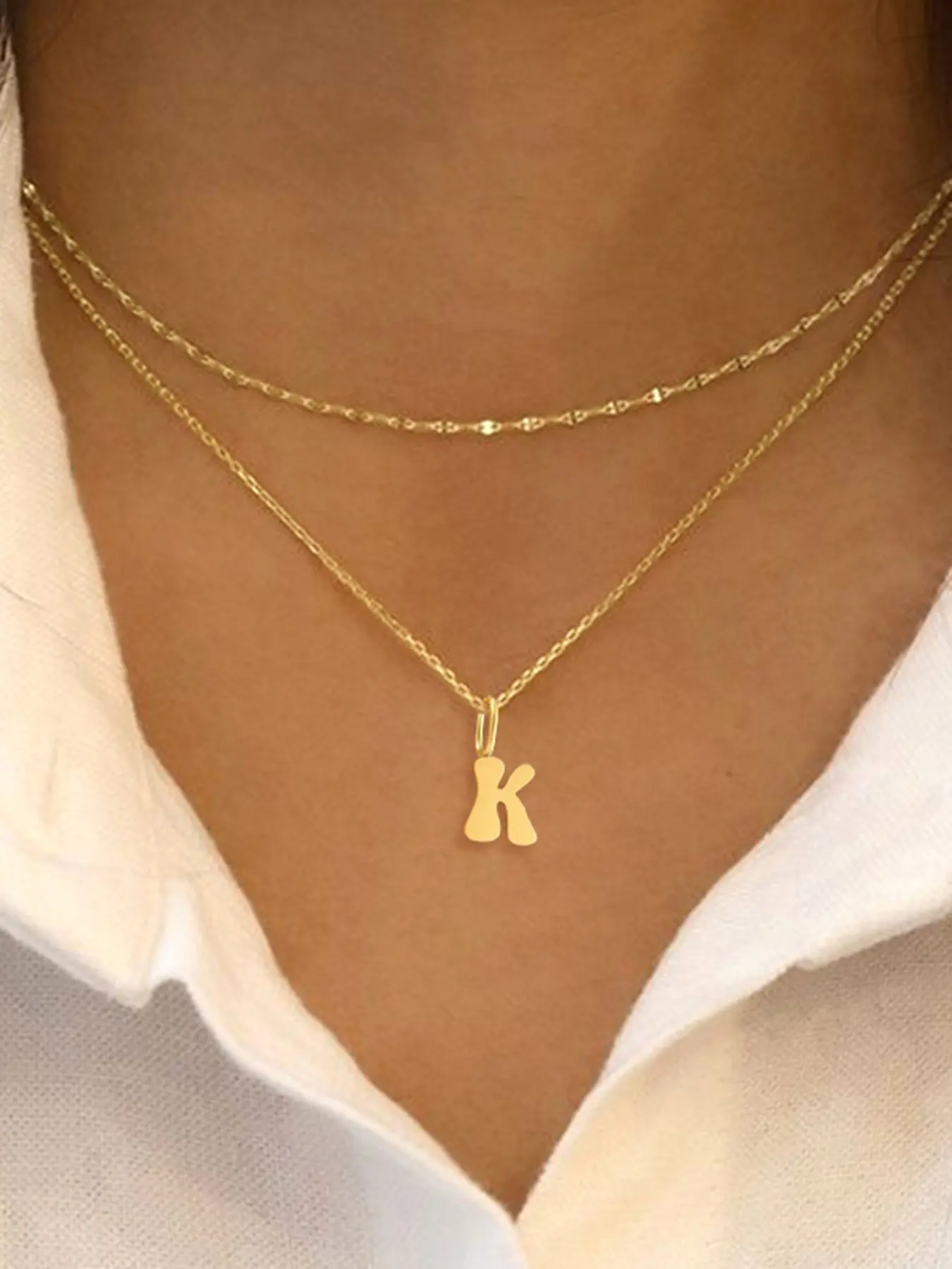 Elegant Stainless Steel Necklace Set for Women, Fashionable Bubble Initial Pendant, Multi-Layer Chain Design, Casual Style, Letters Necklace