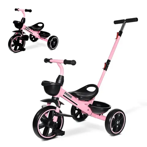 KRIDDO 2-in-1 Toddler Tricycle 18-Months-5 Years, Extended Push Handle, Foldable Front Footrest, Durable Carbon Steel Frame, Dual Baskets, Anti-Slip Grip, Perfect First Ride-On Toy for Outdoor Play,boys&girl Gift