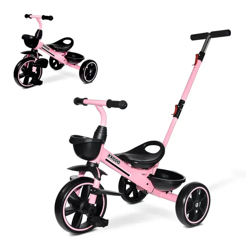 KRIDDO 2-in-1 Toddler Tricycle 18-Months-5 Years, Extended Push Handle, Foldable Front Footrest, Durable Carbon Steel Frame, Dual Baskets, Anti-Slip Grip, Perfect First Ride-On Toy for Outdoor Play,boys&girl Gift