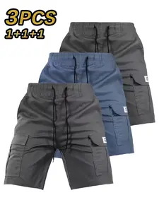 3-pack durable cargo shorts with multiple pockets and a drawstring waist — outdoor cargo shorts suitable for camping — solid color casual wear; stylish and versatile; men’s functional cargo shorts.