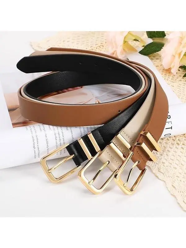 3 Pack(M)Women Belts For Jeans Dresses Pants Ladies Leather Waist Belt with Gold Buckle