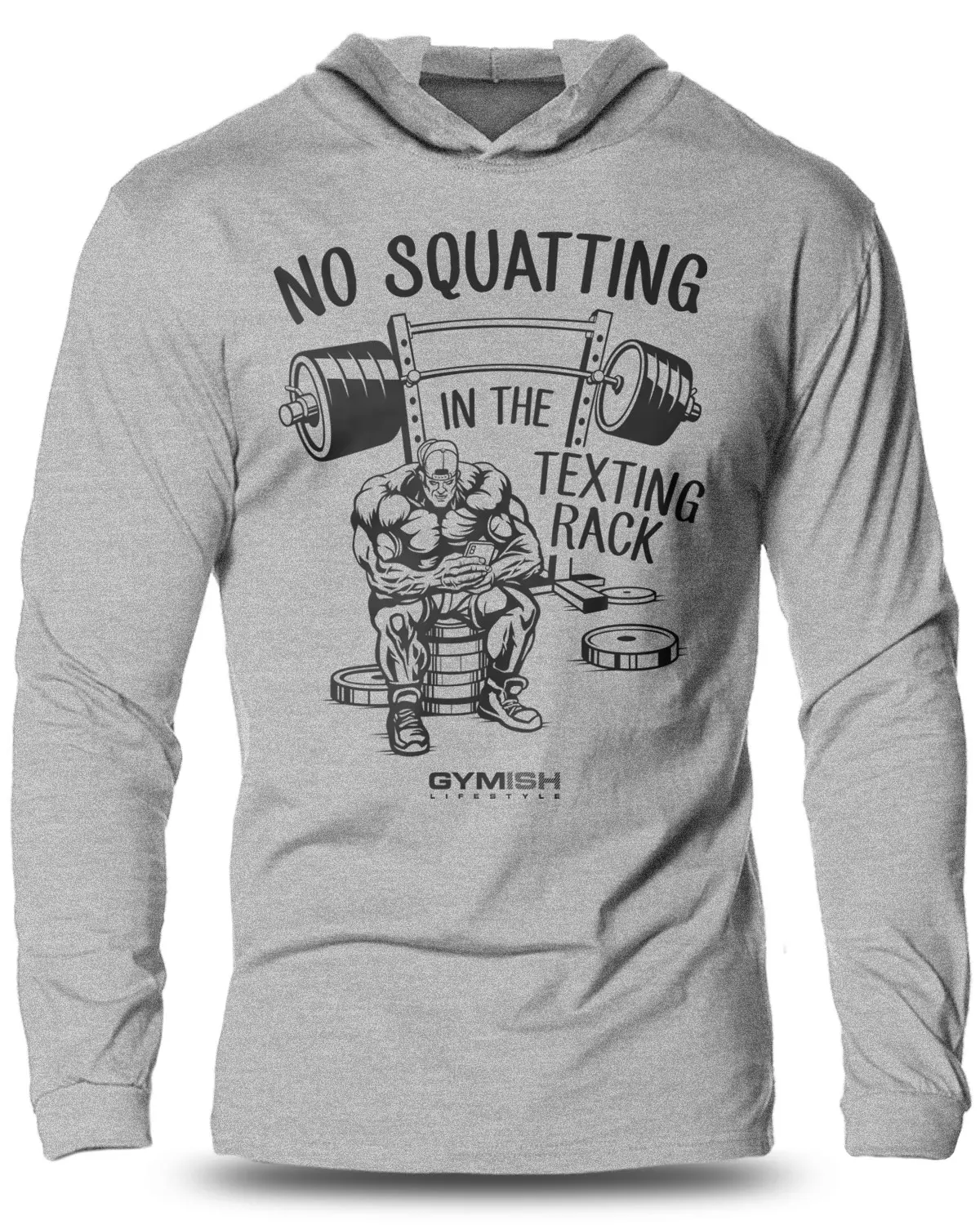 069. No Squatting Lightweight Workout Long Sleeve Hooded Gym T-shirt for Men Cotton Menswear