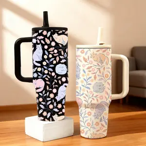 Cute Cat Floral Insulated Cup Tumbler 40oz/28oz/24oz, Dual-Layer Stainless Steel Vacuum Structure, Leak-Proof Design, 12h Warm 24h Cold, Perfect Gift, Insulated Travel Drinkware