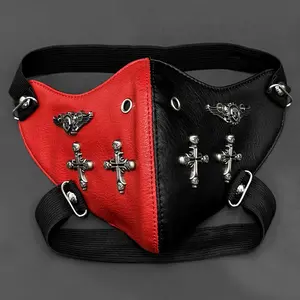 Cross Rivet Mask Motorcycle Biker Sport Half Face Leather Mask Red and Black