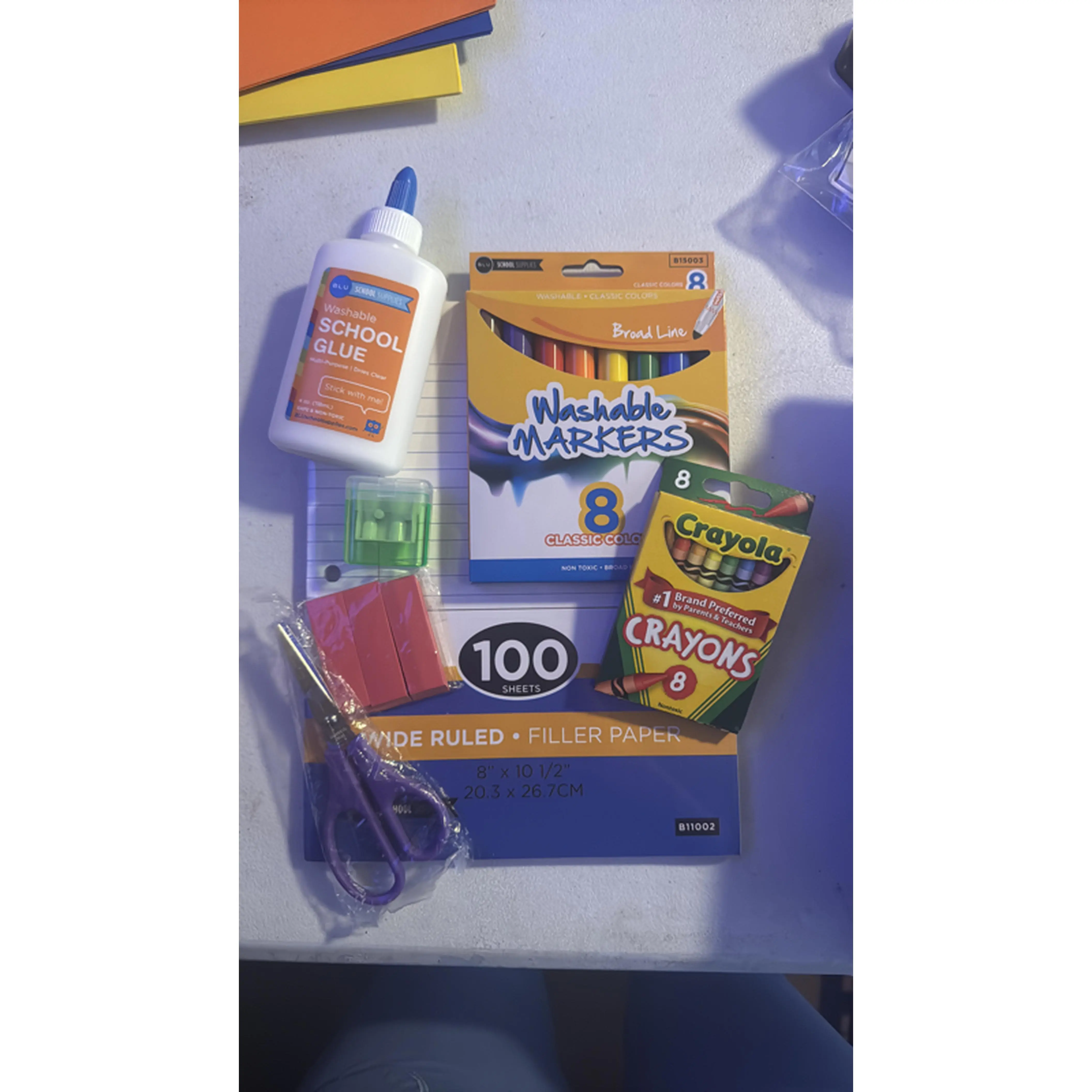 School Bundle - 1 Liquid Glue, 8pk Washable Markers, 24pk Crayons, Pencil Sharpener, 3 Big Erasers, 1pk Wide Ruled Paper, Scissors
